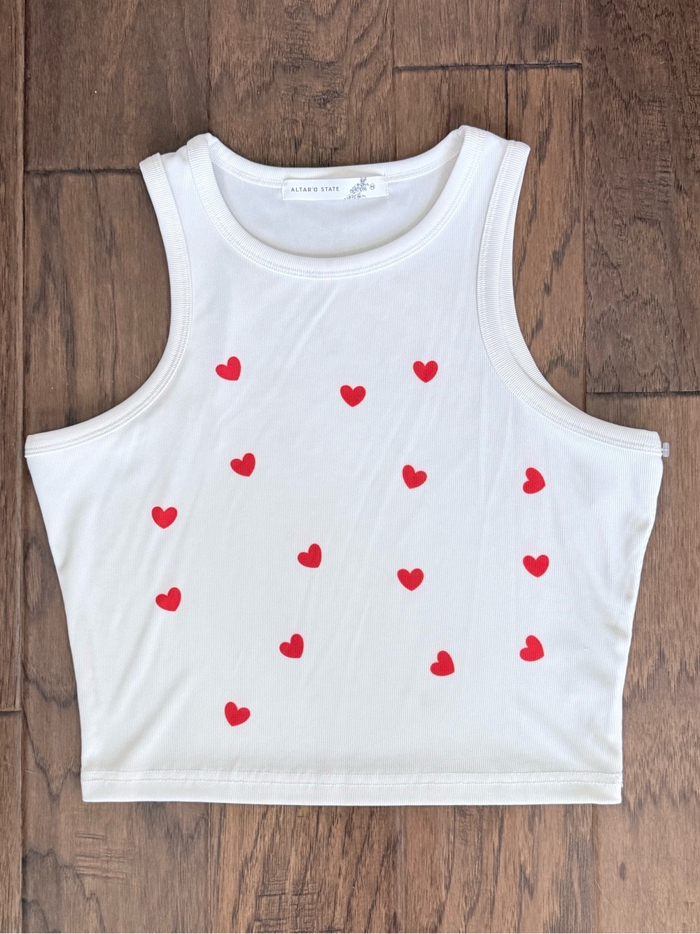 Altar’d State White Cropped Tank with Red Heart Print